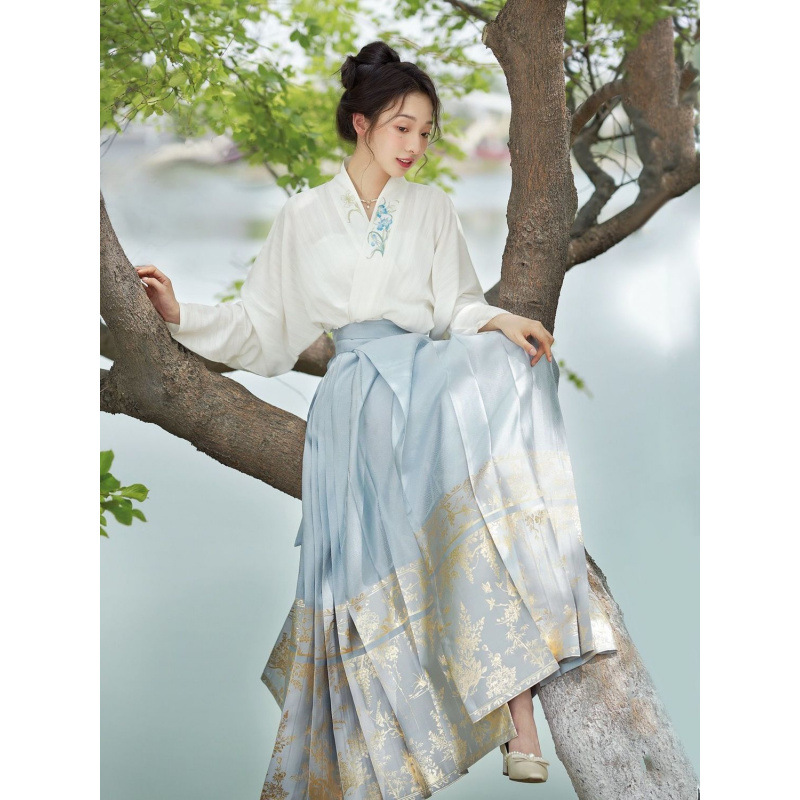 国潮夏季汉服女新款简约印花马面裙全套一整套薄款通勤古装
