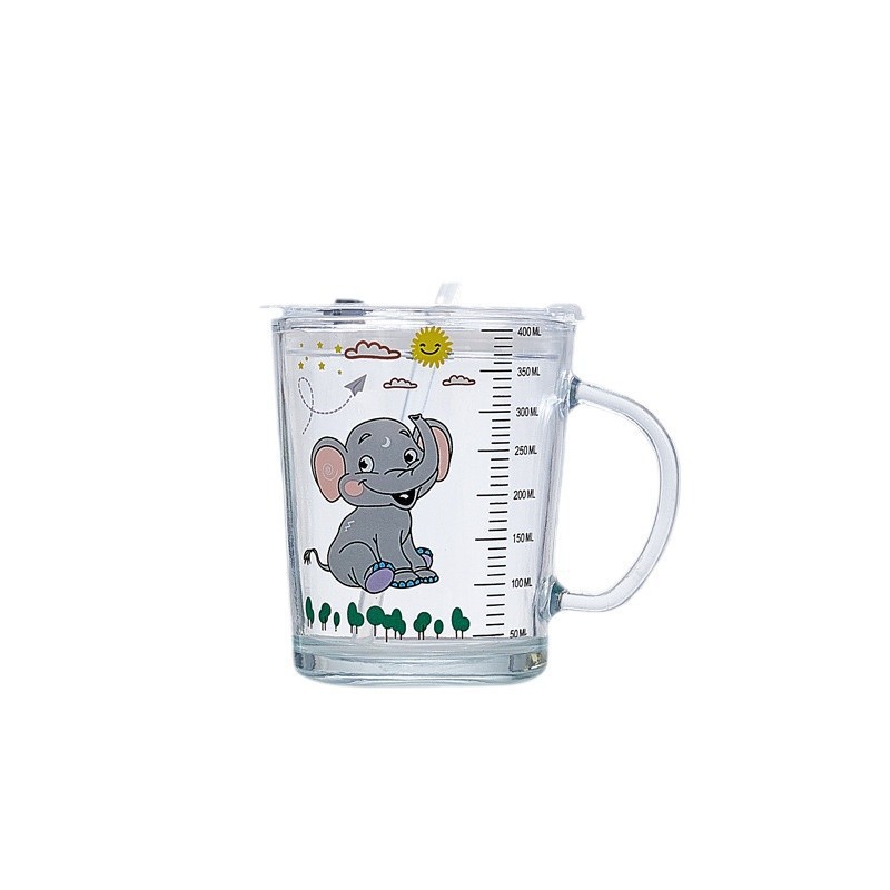 Ins-style large capacity breakfast cup, Oat Elephant 400ml children's glass water cup with scale, lid and straw Item Picture