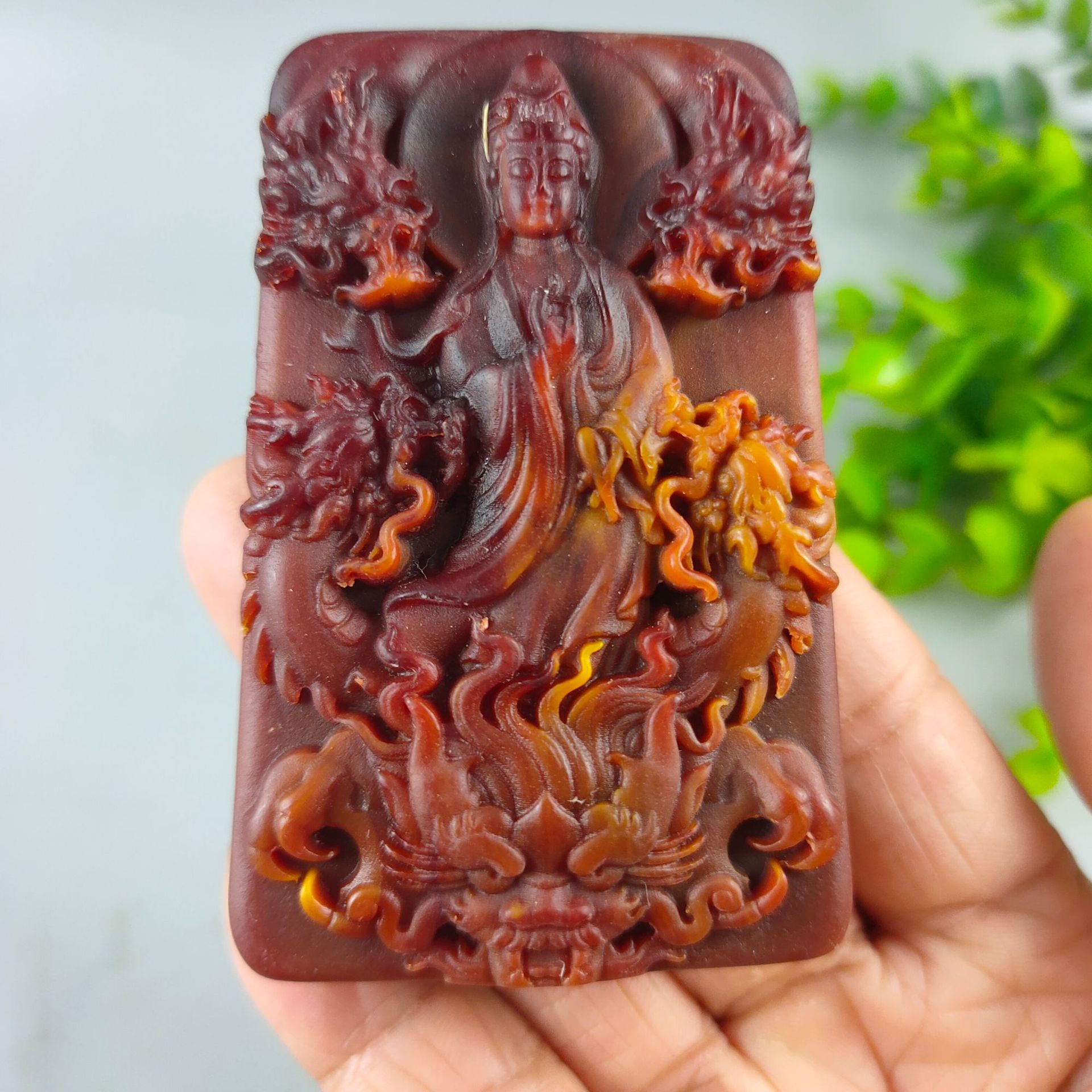 古玩树脂工艺品仿龙涎香琥珀蜜蜡双面工玉龙观音吊坠挂件批发
