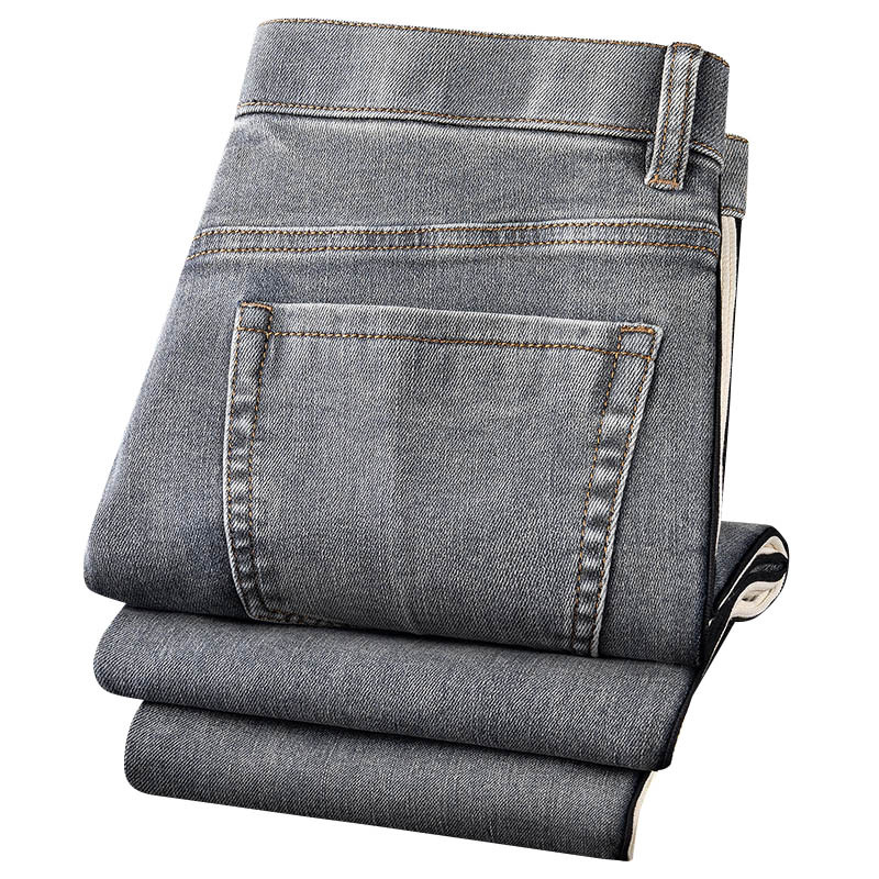 Men's autumn and winter slim-fit straight-leg patchwork webbing jeans, European style, soft washed, aged, slightly elastic casual pants for men Item Picture