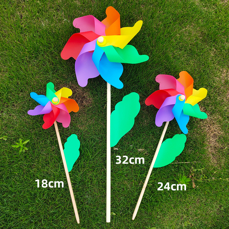 Wholesale of colorful wooden windmills, children's toys, kindergartens, scenic spots, outdoor decoration, 24cm and 32cm garden windmills details Picture