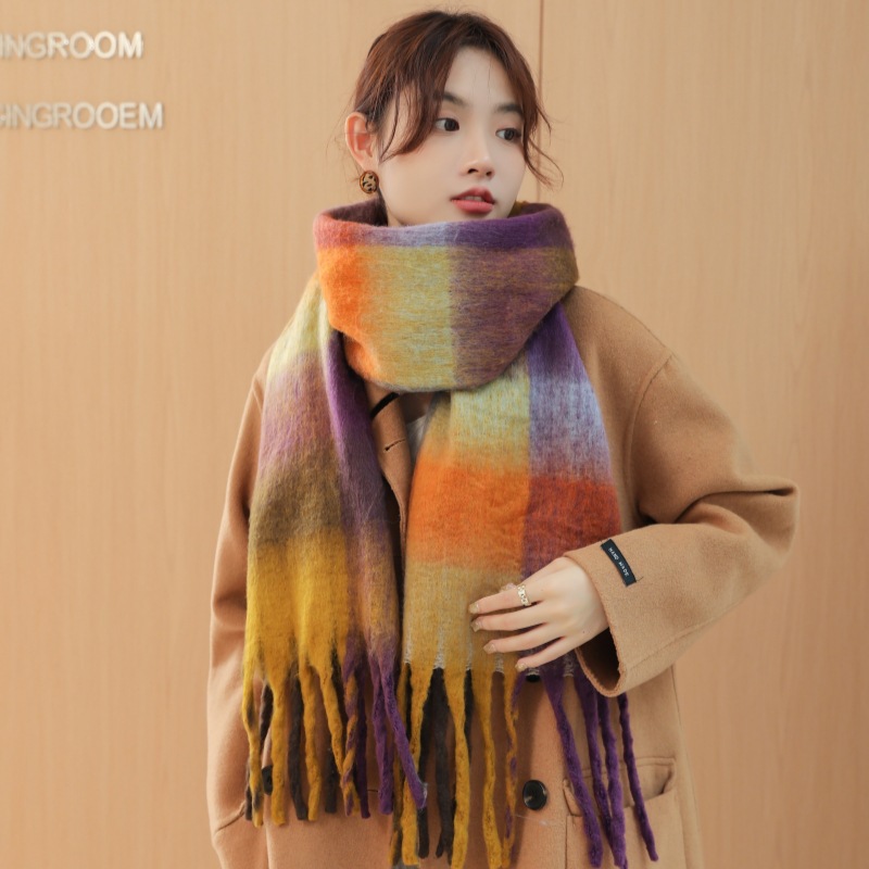 Rainbow Scarf Women's Mohair Warm Couple Shawl Bib Ac Plaid Thickened Color Thick Fringe Scarf