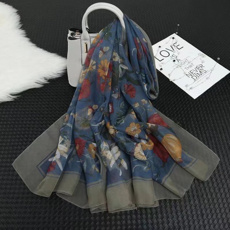 Fresh green small floral silk scarf, women's summer sun protection dual-purpose shawl, outdoor beach scarf, thin and soft gauze scarf Specification image