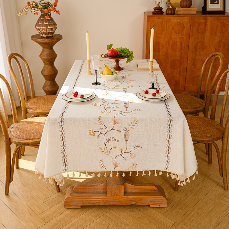Youzhuo Nordic modern, simple, fashionable, creative, elegant and high-end cotton and linen fabric tablecloths, waterproof embroidered tablecloths, small floral coffee table fabrics, tassel cover fabrics, rectangular tablecloths Specification image
