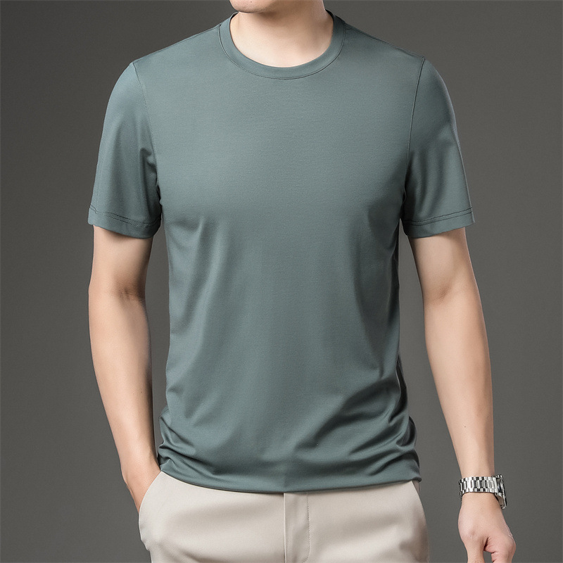 Mulberry silk short-sleeved T-shirt for men and young people in summer, new round neck ice silk solid color half-sleeved casual loose sweatshirt details Picture