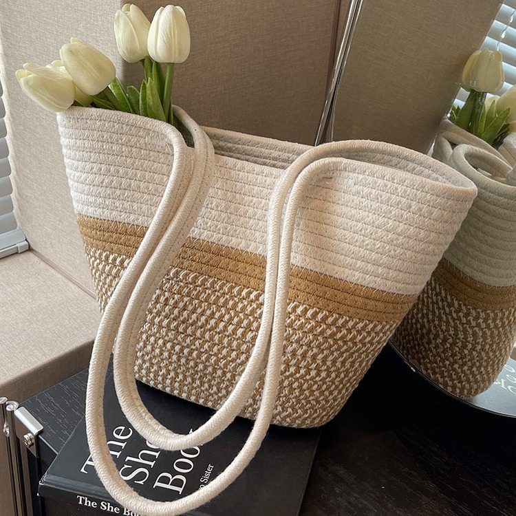 Woven straw bag for women, large capacity 2024 new style vacation beach and beach vegetable basket tote single-shoulder armpit bag Specification image
