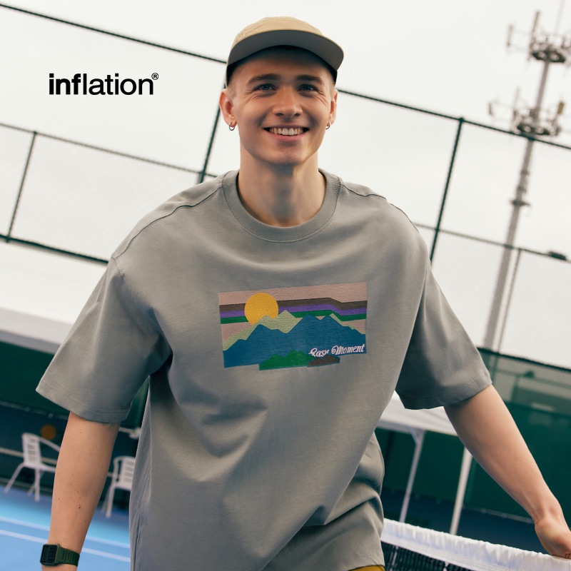 捷展严选|男装265G山系裂纹重磅日落印花T恤2025春夏新品潮牌短袖