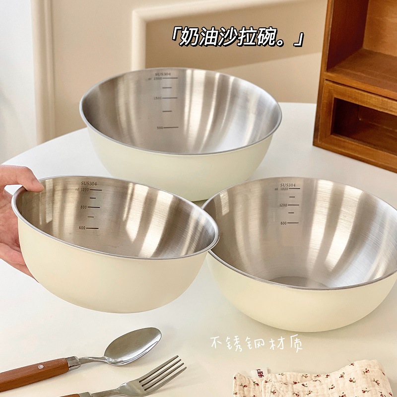 304不锈钢冷面碗家用水果沙拉凉拌菜餐具碗韩式拉面拌饭汤碗刻度