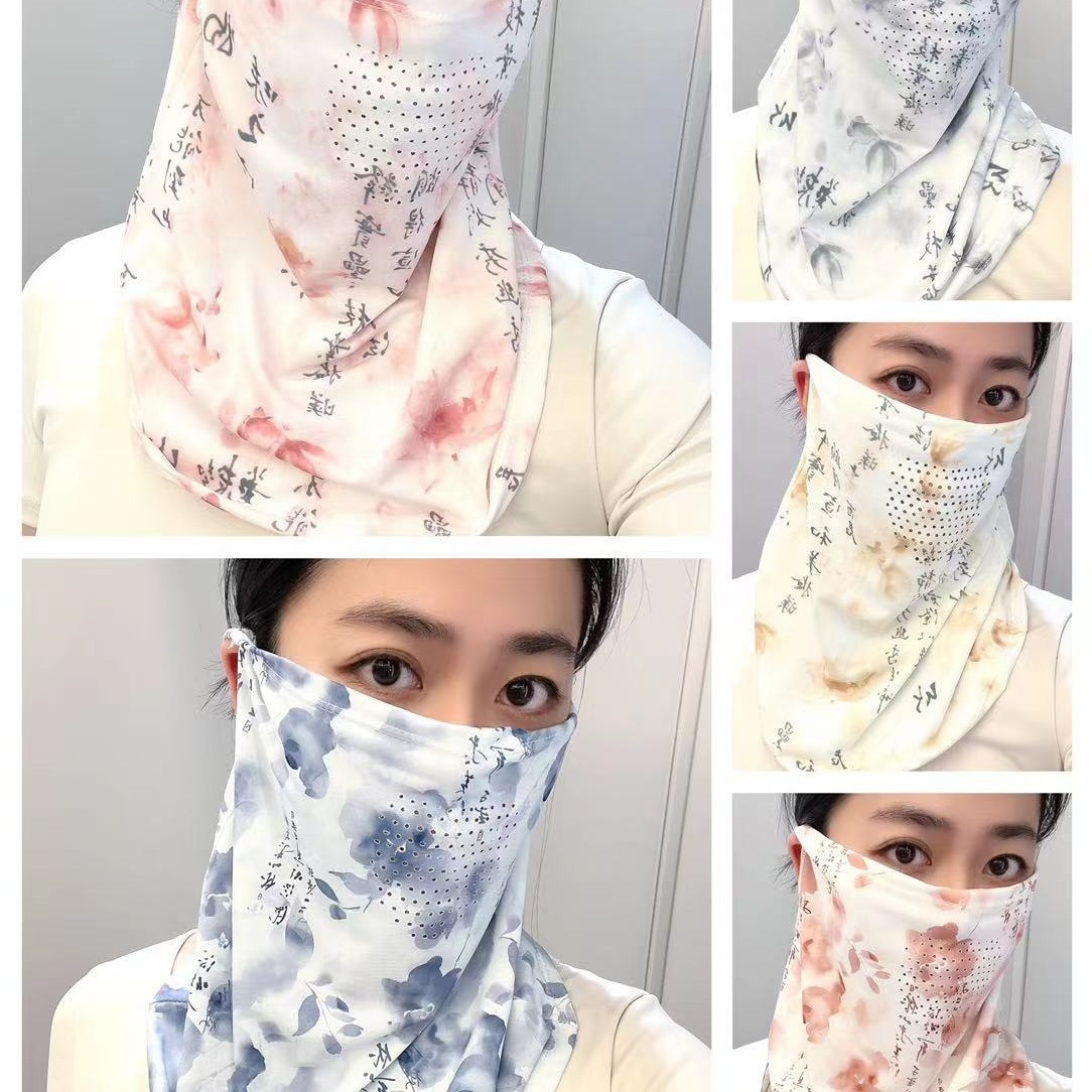 Summer sun protection and shading face mask, women's Chinese-style outdoor full-face neck protection and neck wrap, one-piece ice silk ear-hanging neck cover