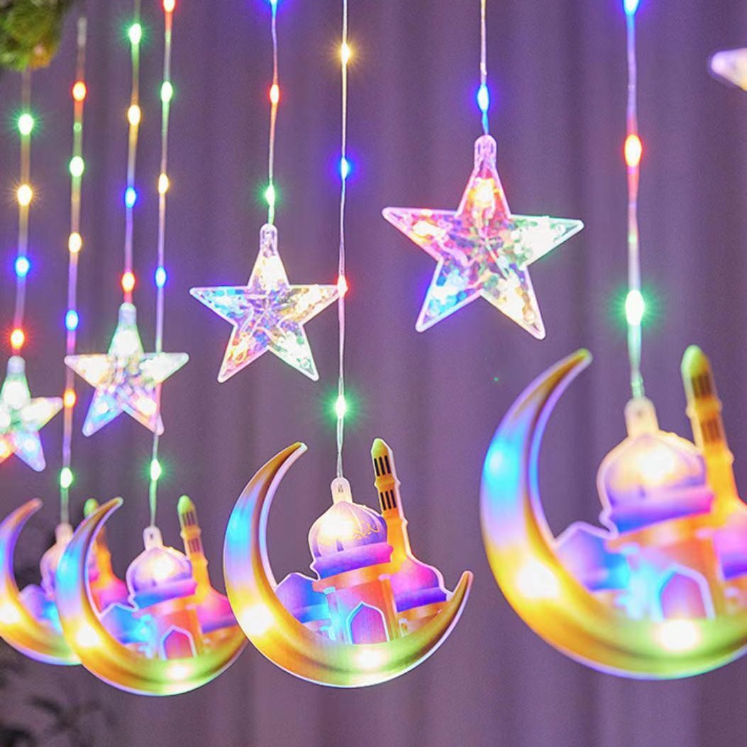Cross-border foreign trade LED painted leather line star and moon curtain light interior decoration 10 hanging moon five-pointed star castle color