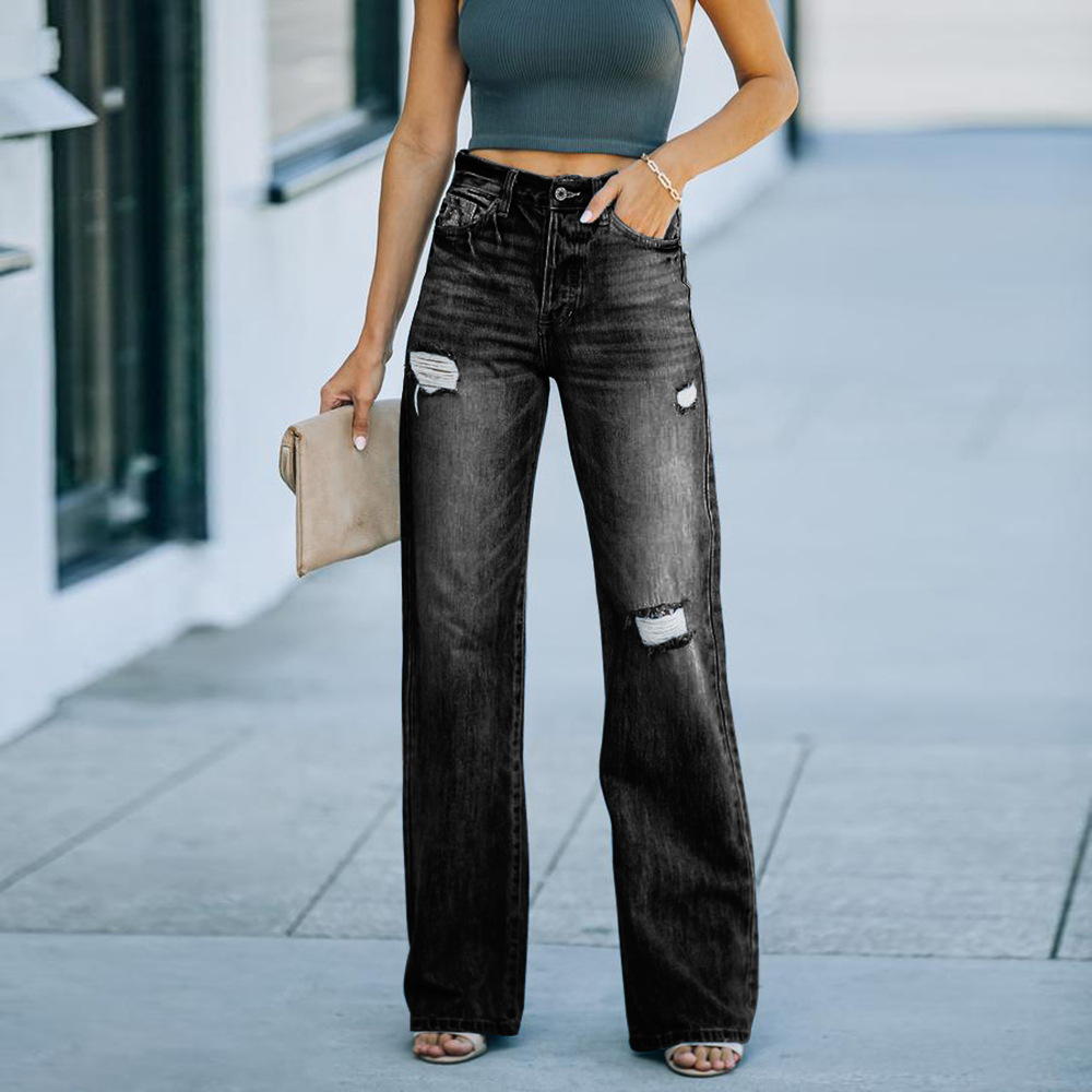 The new Amazon casual pants from the independent cross-border store in Europe and America are slimming and elegant. The ripped denim wide-leg pants and long pants are trendy for women Application Scenario