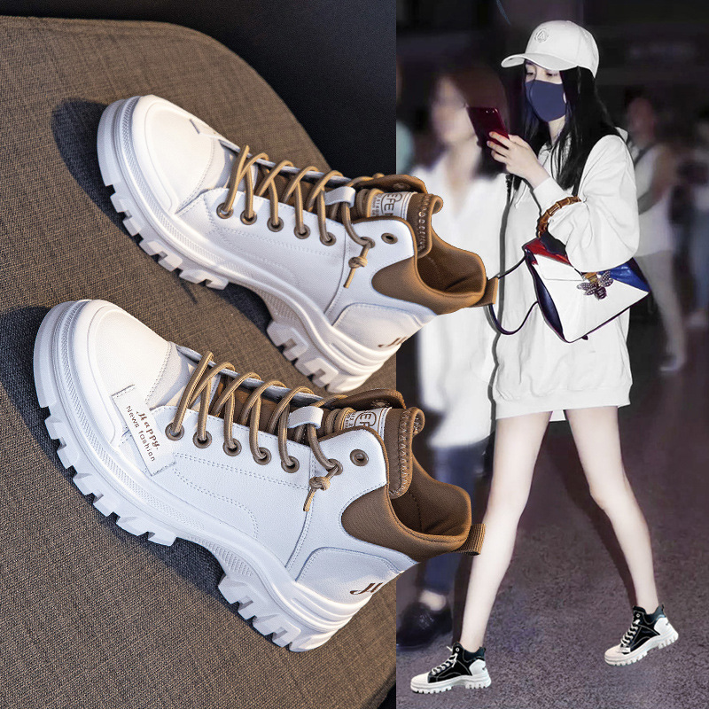 真皮高帮小白鞋女短靴子2022春秋加绒马丁靴女单靴休闲运动老爹鞋