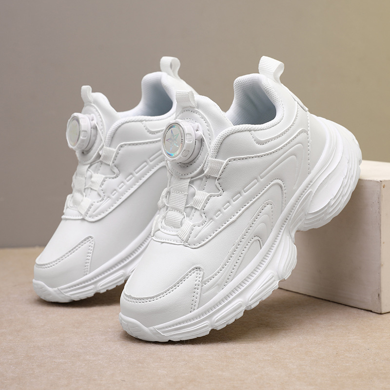 国潮儿童小白鞋秋冬季新款皮面软底男童白色运动鞋学生女童小黑鞋跨境