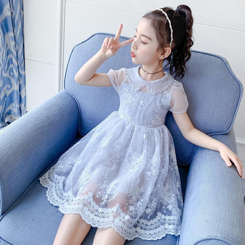 女童连衣裙2022夏装新款韩版短袖儿童洋气时尚小女孩蕾丝公主裙子