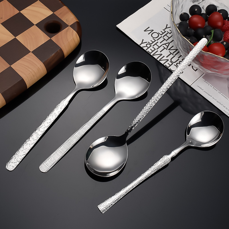 Stainless Steel Spoon Creative Ins Light Luxury Thickening Long Handle Spoon Household High Appearance Level Spoon Hammer Grain Rice Spoon Specification drawing