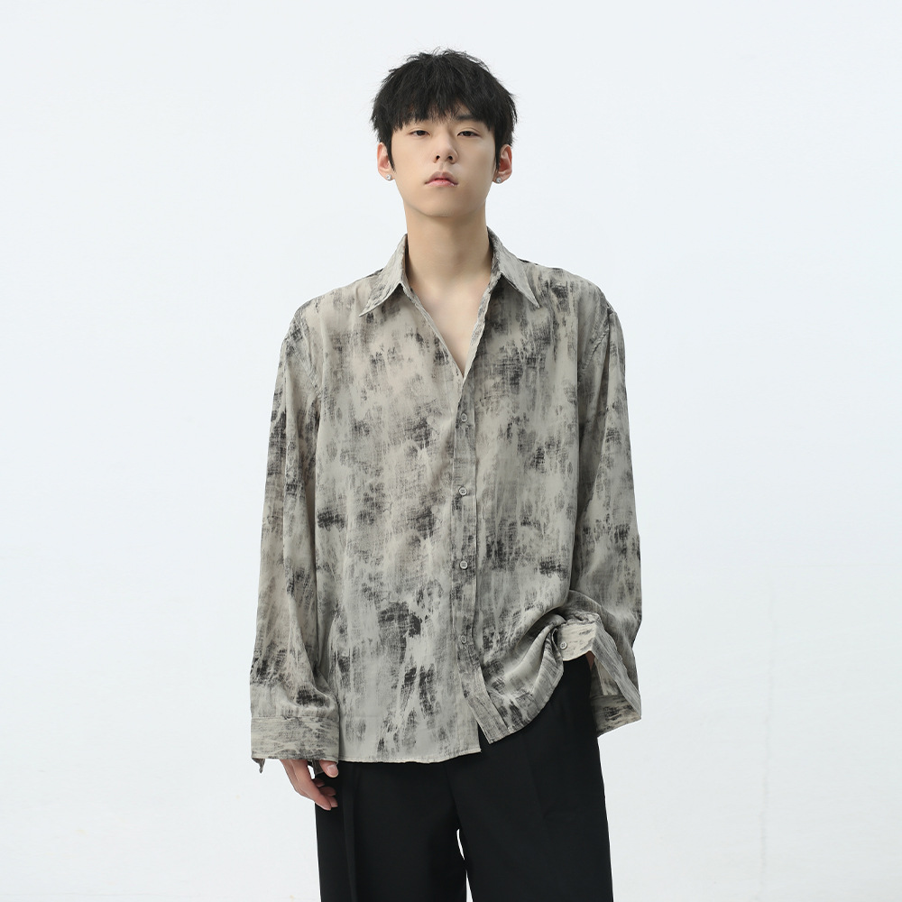 MTLCLOTHES men's wear - Spring 2024 New Collection: Hong Kong-style ink-wash tie-dye drape Chinese-style long-sleeved shirts for casual wear