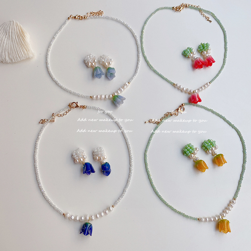 Original handmade tulip flower earrings necklace female freshwater pearl crystal beaded set temperament Sen stud details Picture