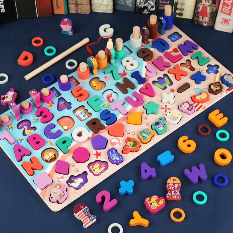 跨境 磁性益智儿童积木拼装玩具  数字动物钓鱼对数板 木质拼图