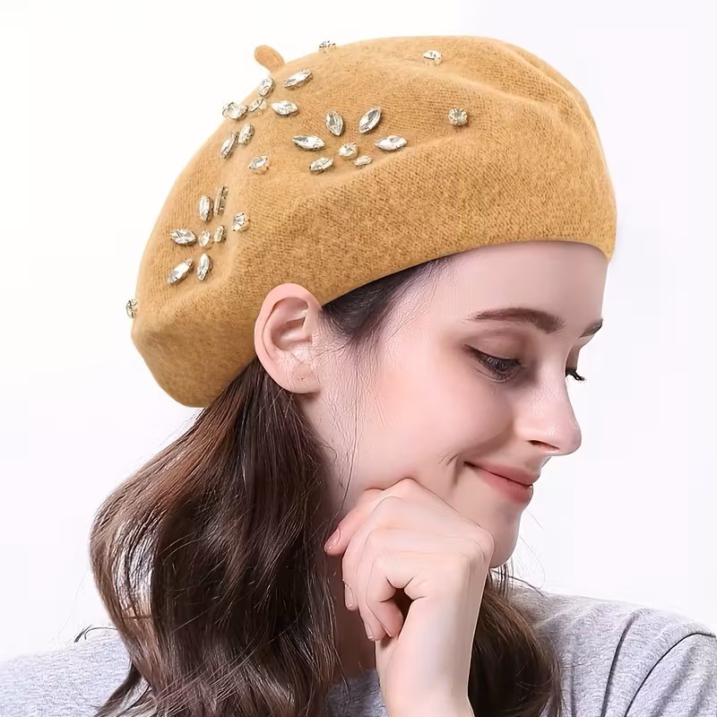 秋冬镶钻羊毛贝雷帽女韩版保暖时尚八角帽英伦复古韩版画家帽潮详情5