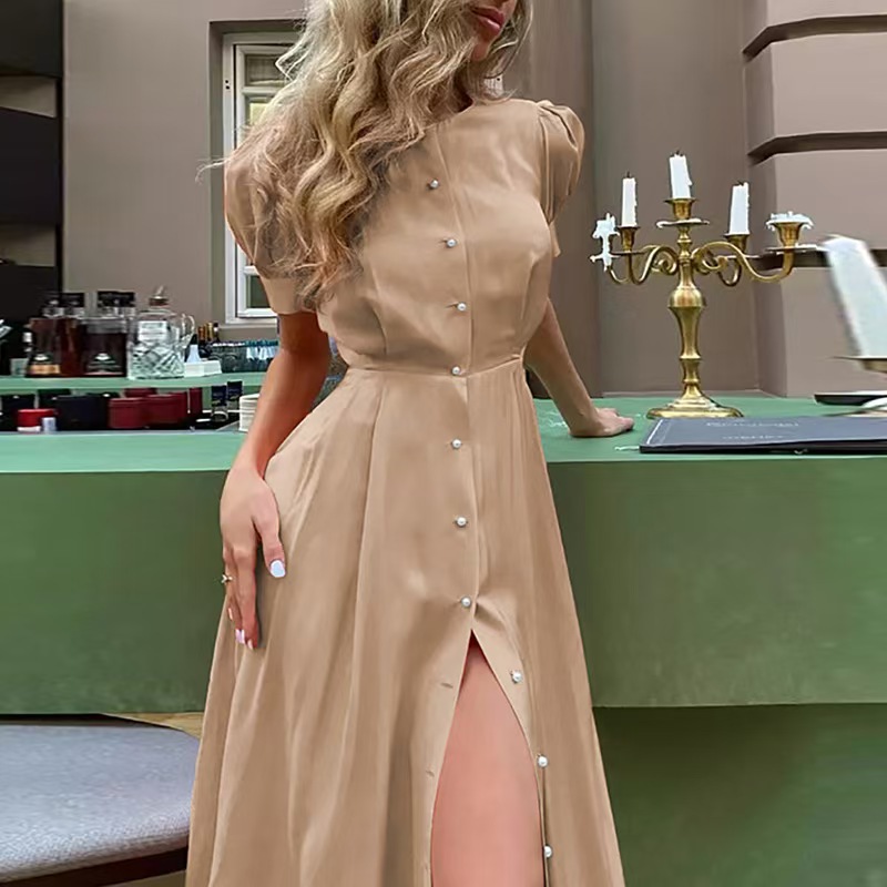 2025 Independent Station Cross-border European and American women's clothing new cardigan slimming and elegant high-waisted dress with short sleeves
