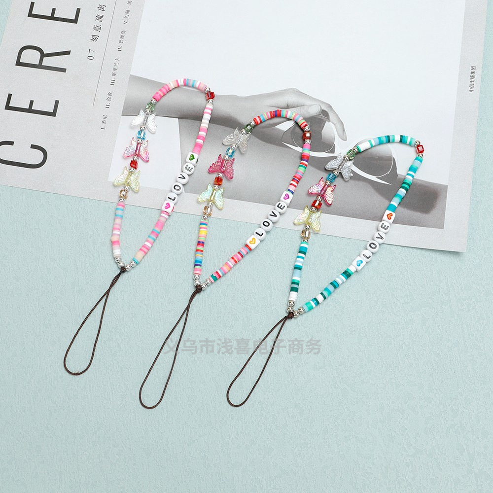 2024ins New soft clay butterfly phone chain, diy phone case, phone rope, LOVE letter handcrafted beaded chain