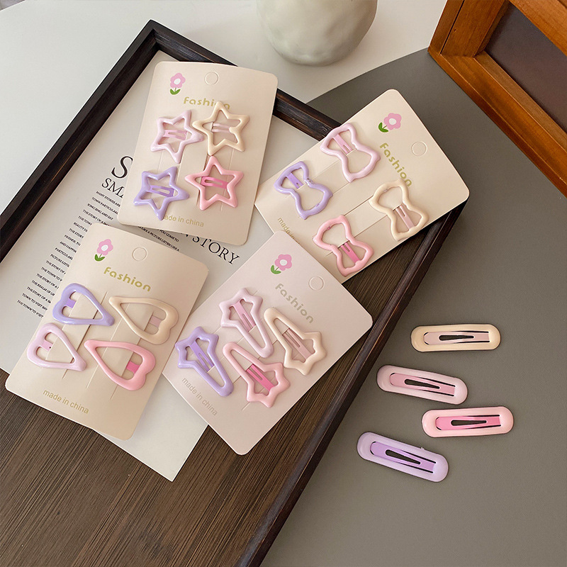 Cute pink star hair clips from the national trend series, children's colorful bangs clips, headwear, heart-shaped bb clips on the side of the forehead details Picture