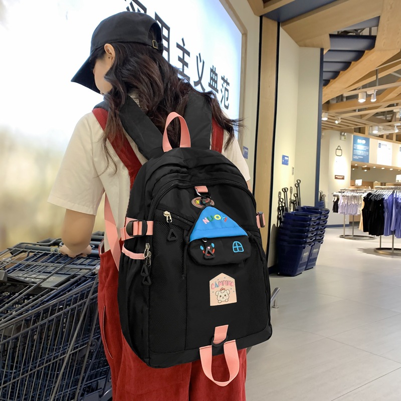 A Korean-style, color-blocking, fresh and clean backpack for high school students, a campus Instagram style, a simple forest-themed backpack for girls details Picture