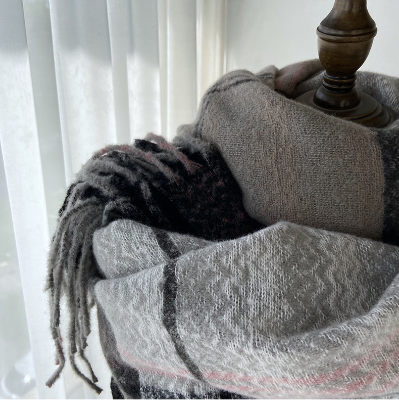 围巾女秋冬季跨境高级感仿羊绒格子流苏披肩学生加厚保暖围脖批发详情17