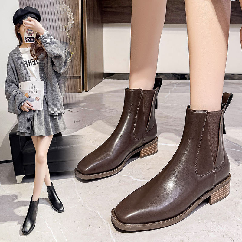 法式短靴女秋冬季马丁靴2023新款舒适低跟中筒靴方头弹力棕色靴子详情图1