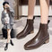 法式短靴女秋冬季马丁靴2023新款舒适低跟中筒靴方头弹力棕色靴子图