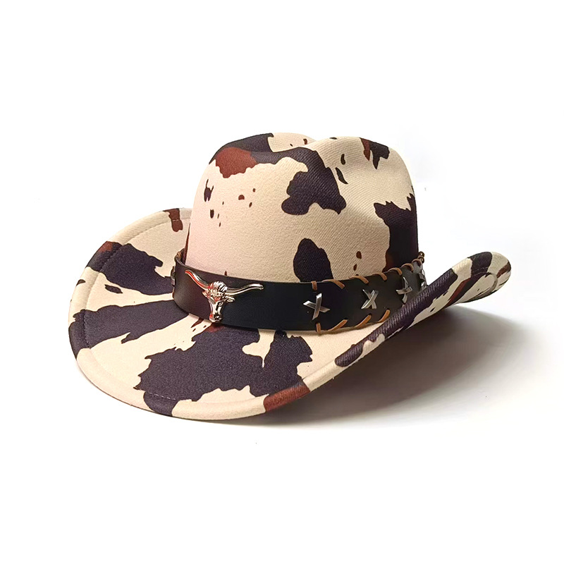 新款牛头配件西部牛仔礼帽米黄色奶牛纹防晒遮阳帽子