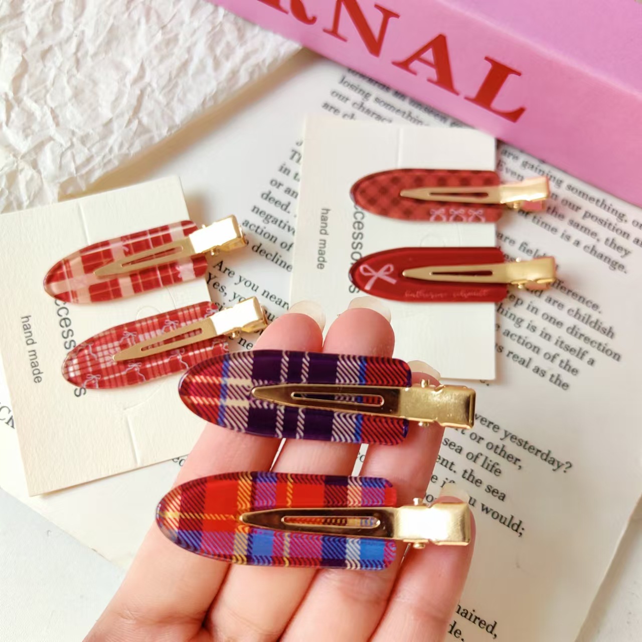 酒红蝴蝶结格纹醋酸无痕夹化妆夹圣诞新年气质刘海夹碎发夹头饰女细节图