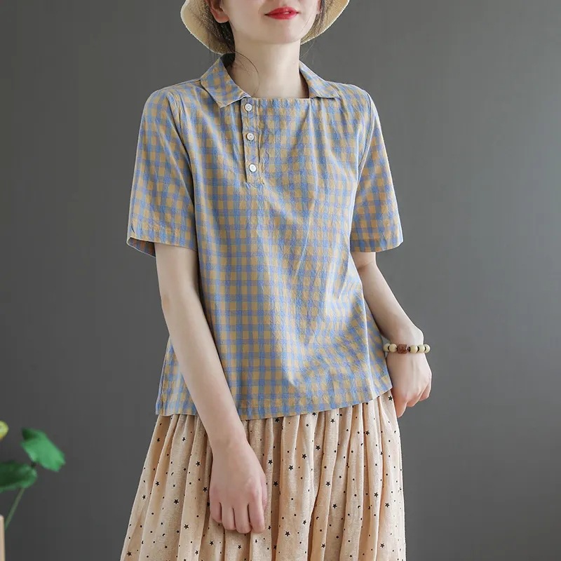 Artistic and retro checkered cotton and linen short-sleeved T-shirt 2022 new style women's loose, slimming, elegant and youthful T-shirt top details Picture