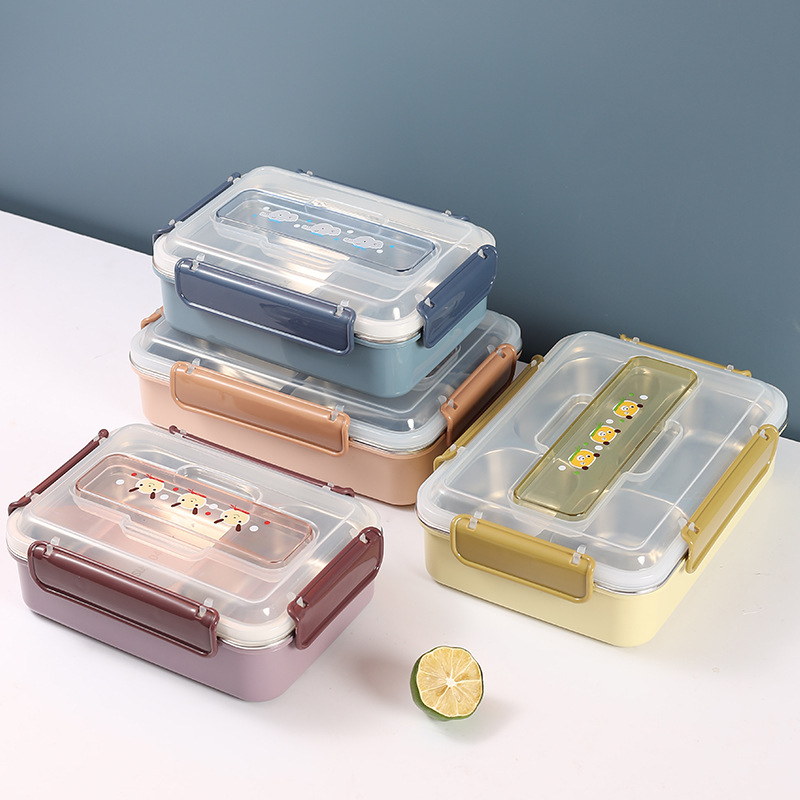 8370 Stainless steel 304 three cell four cell fast food box portable square bento box divided cell sealed spillproof lunch box