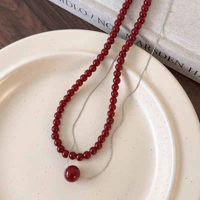 New Chinese-style Ankela red beaded necklace, natural agate beaded light luxury high-end autumn and winter versatile earrings and earrings pic 8