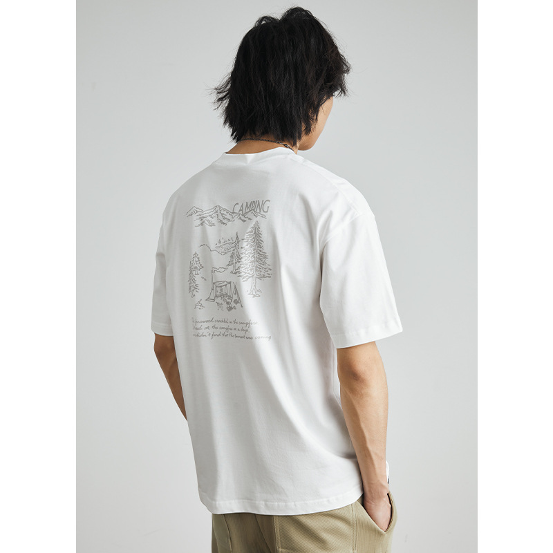 Yizhi Men's mountain-style outdoor retro short-sleeved T-shirt Men's summer new camping style printed loose half-sleeved T-shirt Item Picture