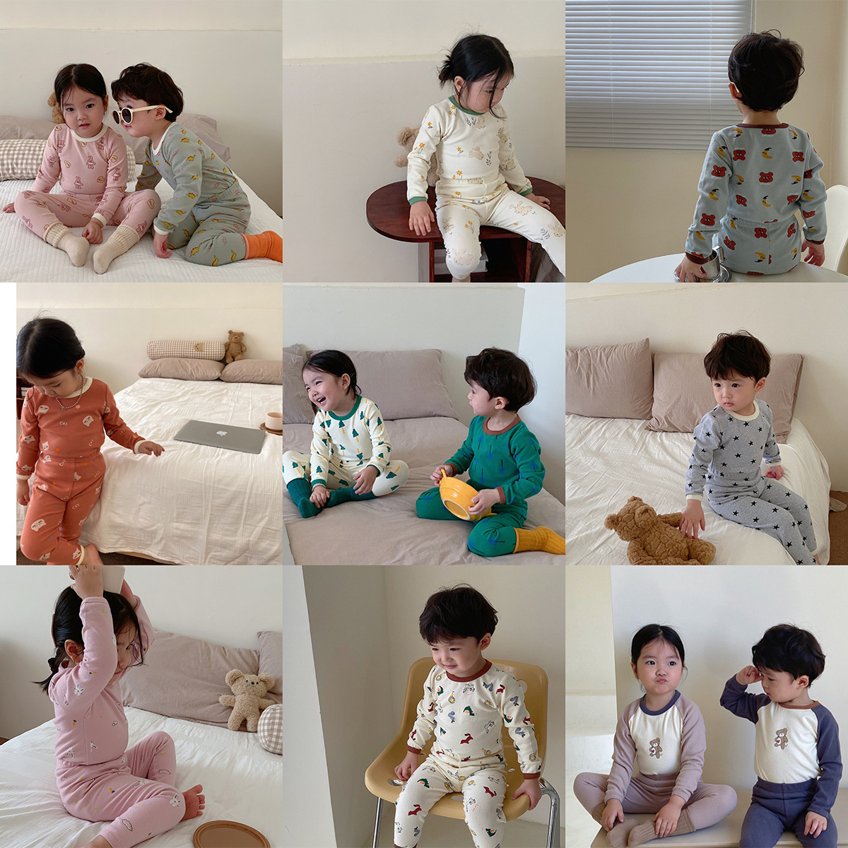 Long-sleeved home wear sets for boys, girls, primary and secondary school children, Korean-style pullover, cartoon casual pajamas, multi-color base and autumn underwear