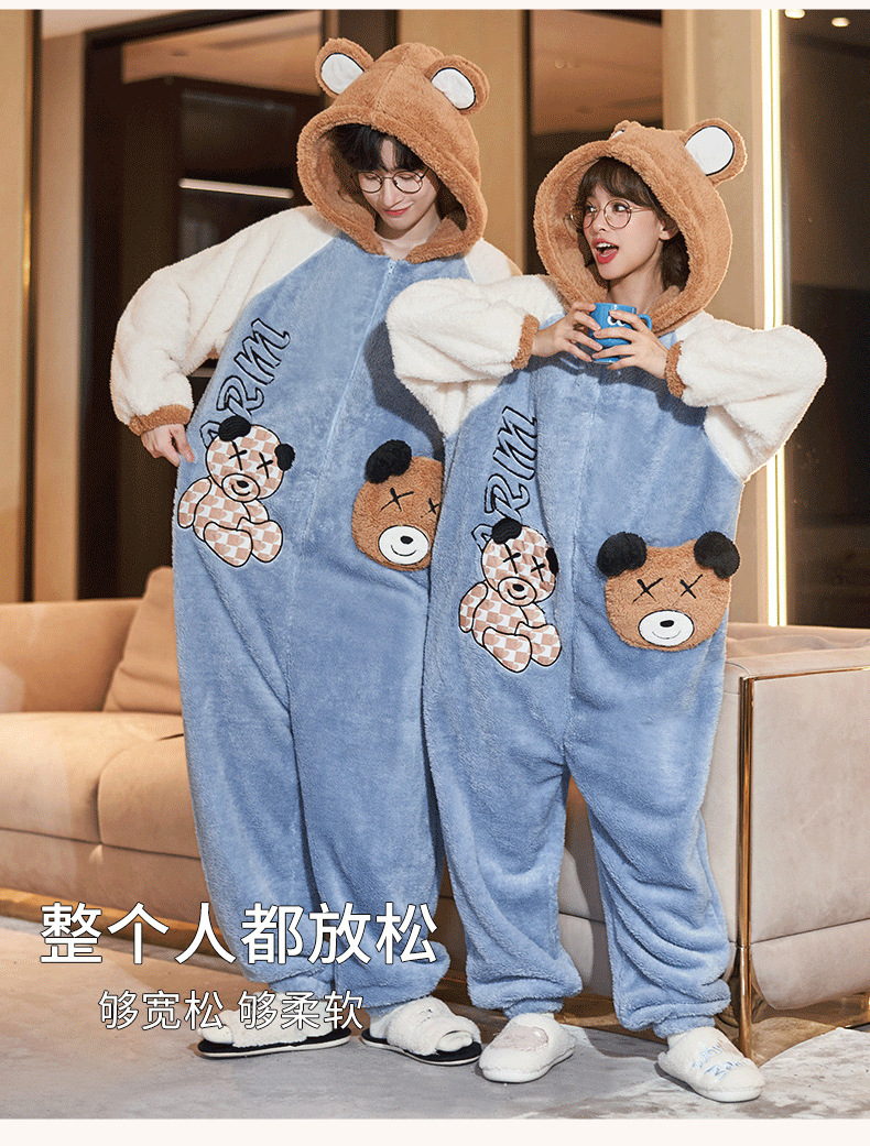 Winter couple pajamas, female cartoon hooded and fatten warm, student ins style one-piece home wear, 200 pounds can be worn pic 8