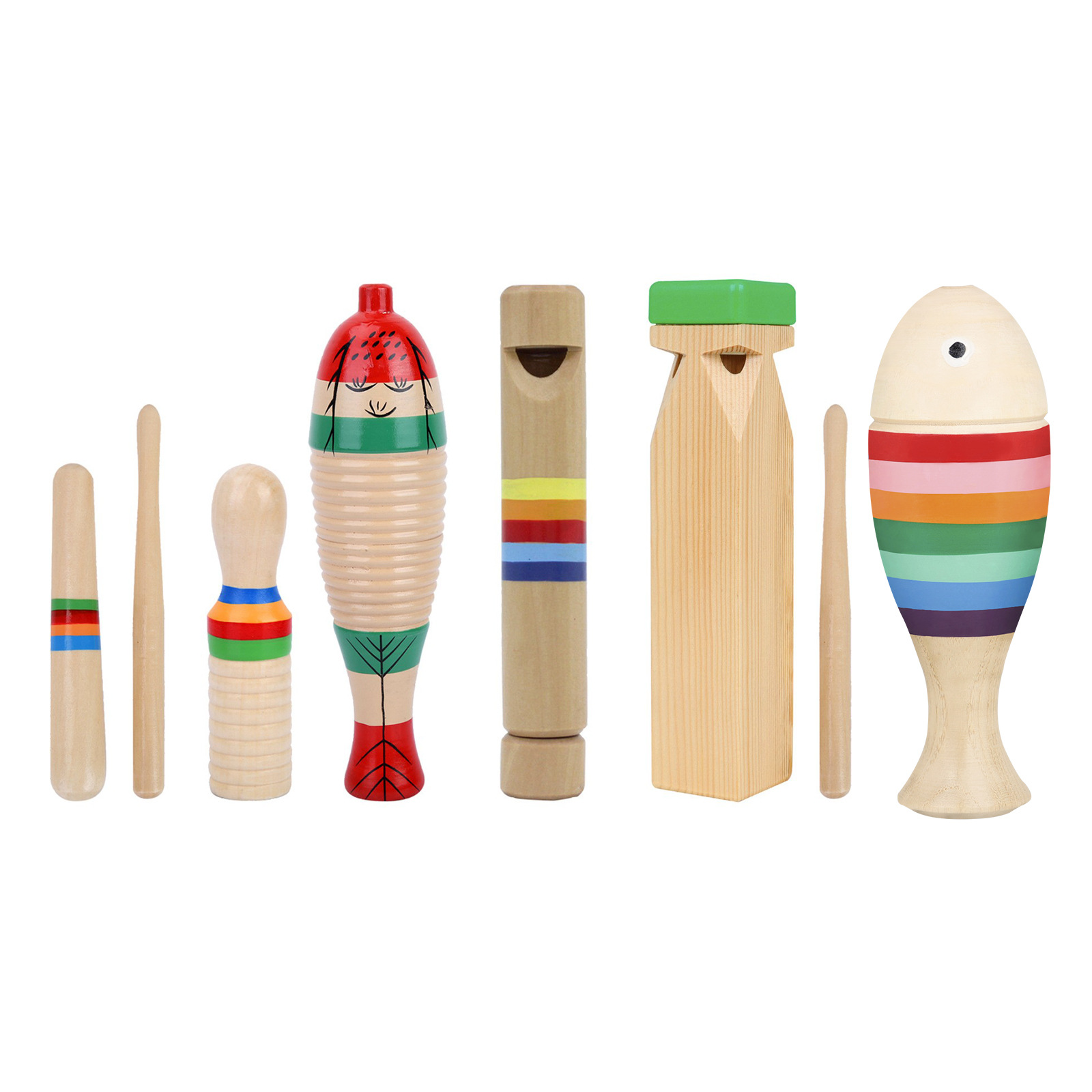 Wholesale Orff sets of fish, frogs, scraper tubes, wooden sound tubes, train flutes, whistles, bangzi, and a complete collection of children's early education Musical Instruments