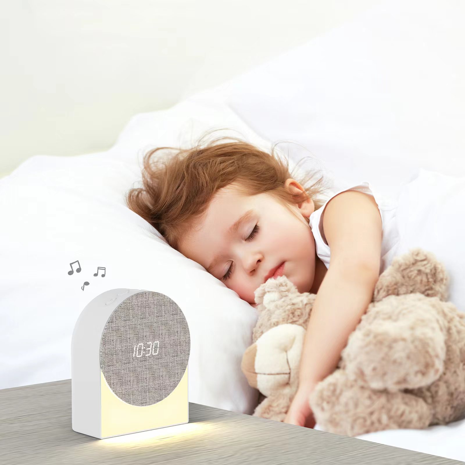 The new multi-functional sleep device features a white noise Bluetooth speaker, a fabric night light with a timer clock, and a white noise alarm Application Scenario