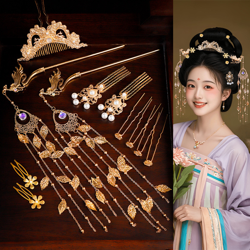 Retro photo studio hairpin, Dunhuang Tang style Hanfu, chest-length donor, splendid restoration hairpin set, accessory for women