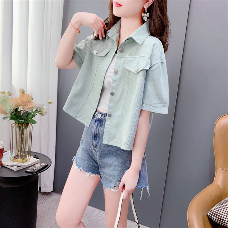 Candy-colored short-sleeved denim shirt jacket for women's summer 2025 new style loose and stylish short top for petite figures Specification drawing