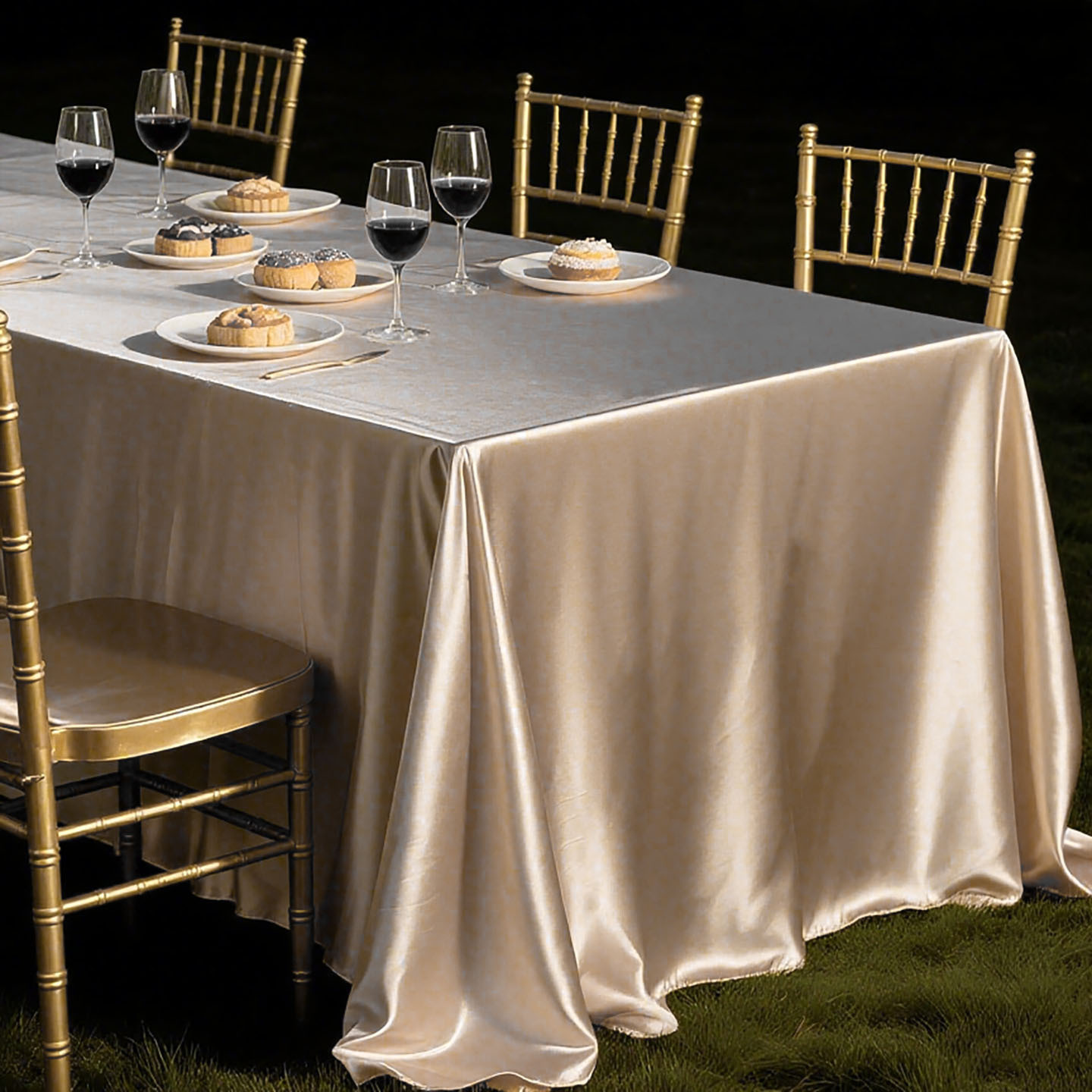 The 2025 new style of tablecloth features a light luxury and high-end rectangular satin golden dessert table fabric for engagement outdoor tablecloth details Picture