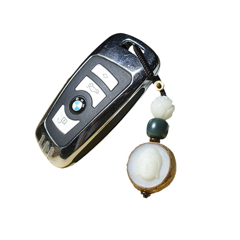 厂家供应带皮白玉菩提根雕刻观音弥勒佛手机钥匙吊坠钥匙扣挂件白底实物图