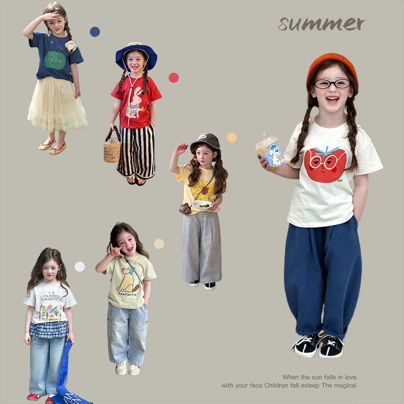 童装女童洋气韩版T恤打底衫儿童舒适透气双纱柔棉可爱卡通短袖潮