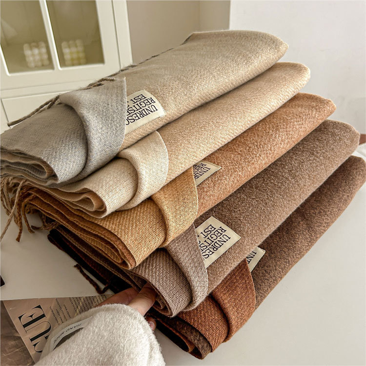 2024新款双面纯色仿羊绒围巾女韩版秋冬保暖情侣披肩长款流苏围脖