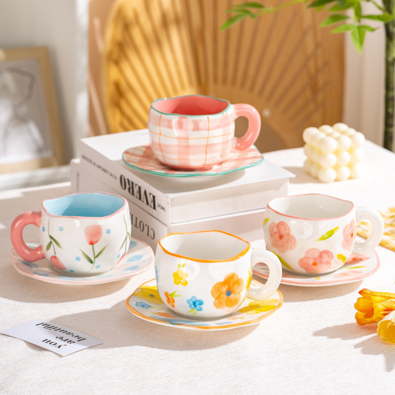 Cute and fresh hand-molded coffee cups and plates, girlish mugs, afternoon tea ceramic cups, hand-painted cups with high appearance standards