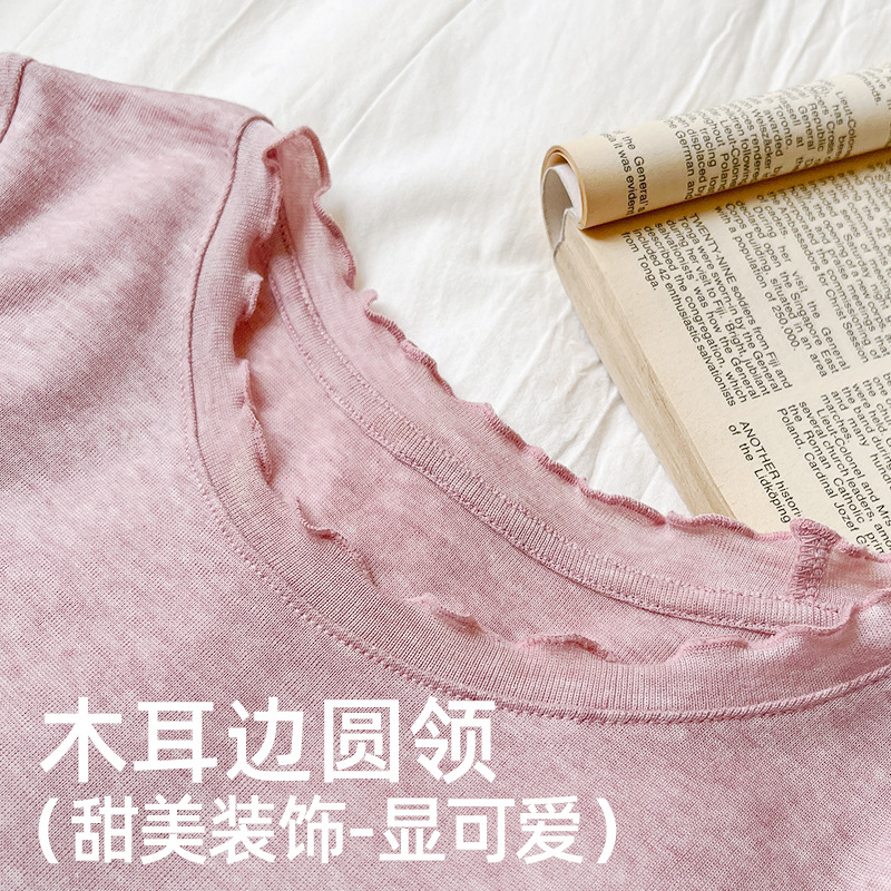 Spring Tencel wool short-sleeved women's black ear-trimmed round neck cute and simple pullover light women's top base T-shirt details Picture