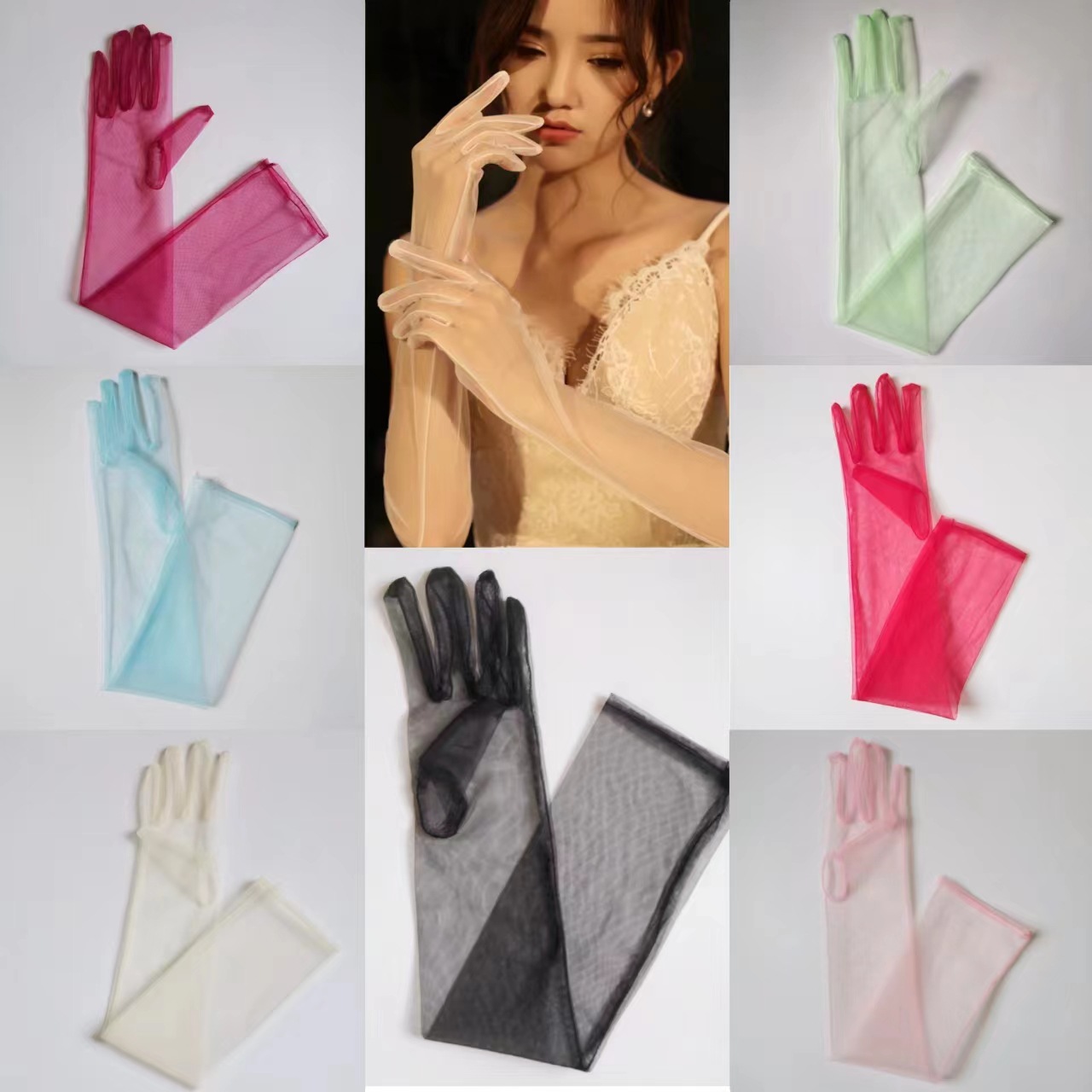 Fuente transfronteriza novia vestido de novia color sólido estilo fino verano cena foto show malla guantes al por mayor estilo fino 55cm