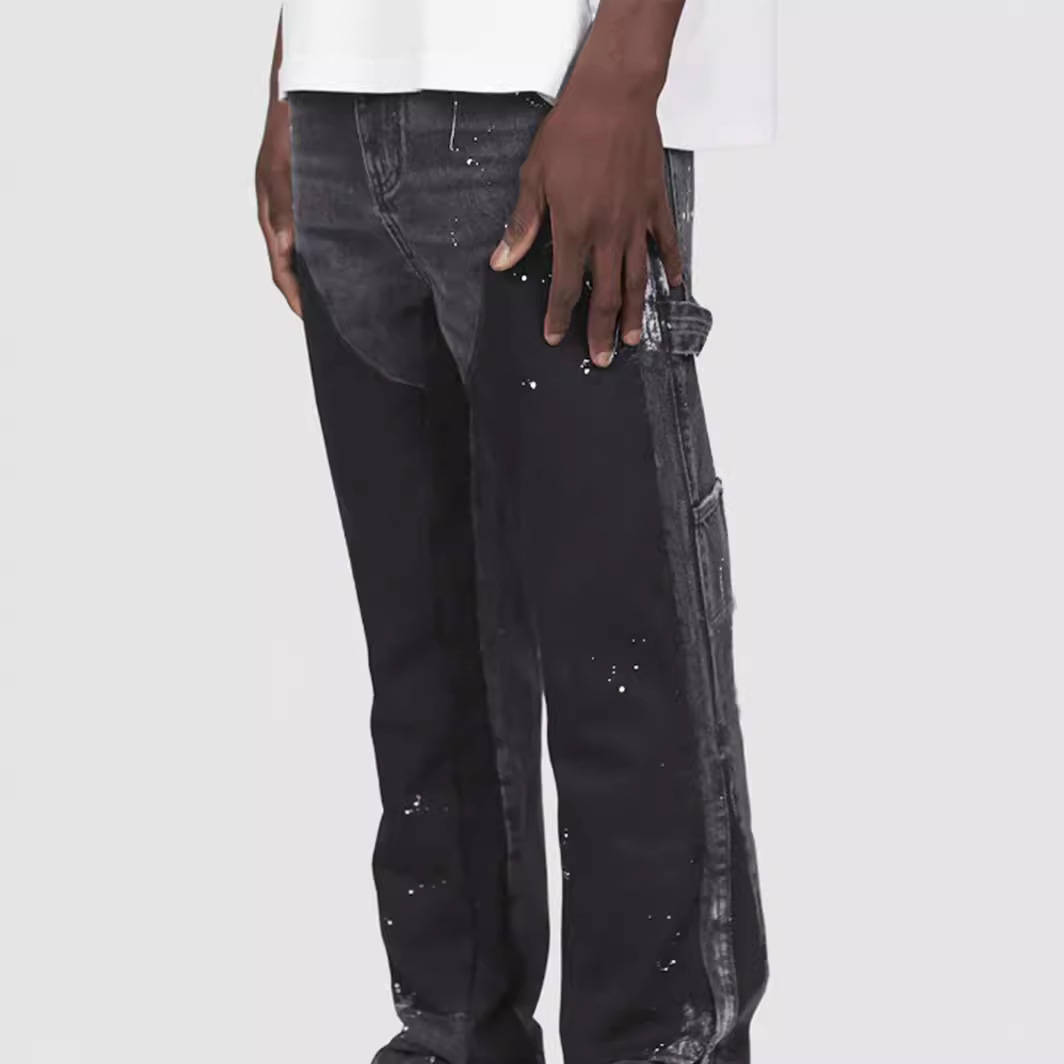 Men's denim workwear pants, a popular Instagram workwear item in European and American fashion, are stretchy patchwork denim layered flared pants Specification image
